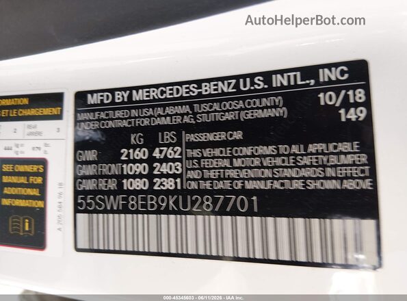 55SWF8EB9KU287701 2019 MERCEDES-BENZ C-CLASS Белый Вид подкапотного пространства