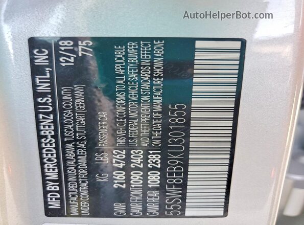 55SWF8EB9KU301855 2019 MERCEDES-BENZ C Silver Вид підкапотного простору