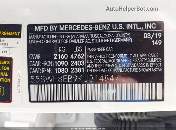 55SWF8EB9KU314847 2019 MERCEDES-BENZ C-CLASS White Widok komory silnika