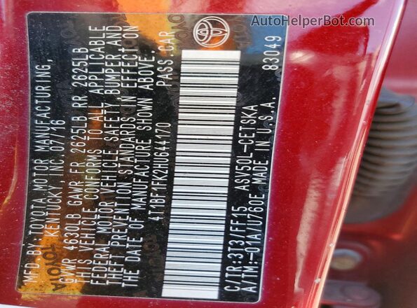 4T1BF1FK2HU644170 2017 TOYOTA CAMRY Red 