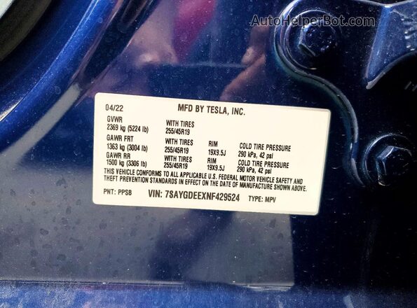 7SAYGDEEXNF429524 2022 TESLA MODEL Blue 