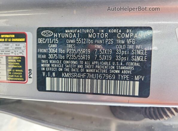 KM8SR4HF7HU167969 2017 HYUNDAI SANTA Gray Widok wnętrza 360 stopni