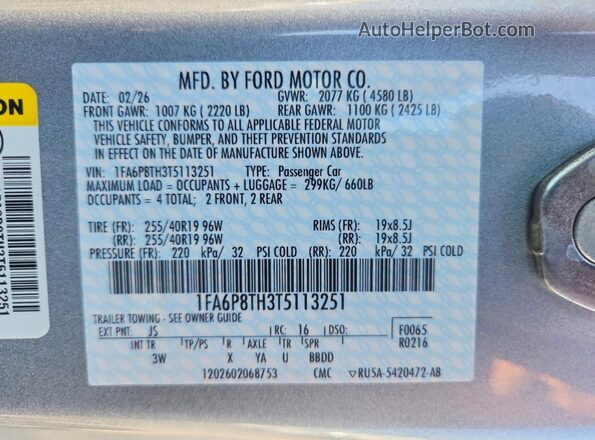 1FA6P8TH3T5113251 2026 FORD MUSTANG Серебряный Вид наклейки с VIN-кодом