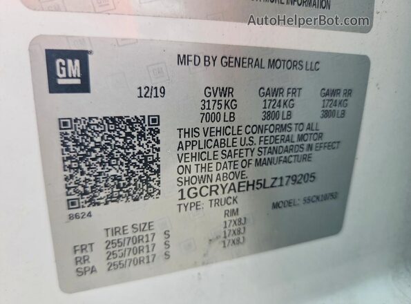 1GCRYAEH5LZ179205 2020 CHEVROLET SILVERADO Белый 