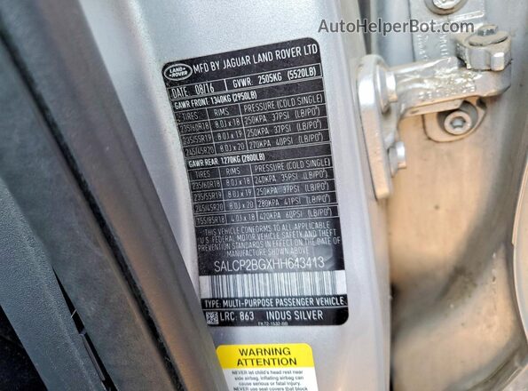 SALCP2BGXHH643413 2017 LAND ROVER DISCOVERY Silver VIN კოდის სტიკერის ხედი