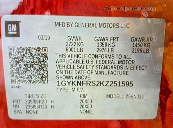 1GYKNFRS2KZ251595 2019 CADILLAC XT5 Red 