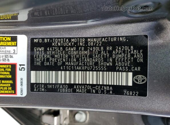 4T1C11AKXPU725555 2023 TOYOTA CAMRY Gray 