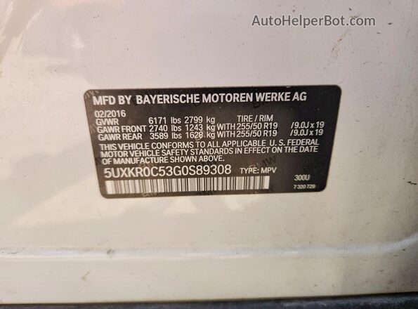 5UXKR0C53G0S89308 2016 BMW X5 White Vista interior de 360 grados