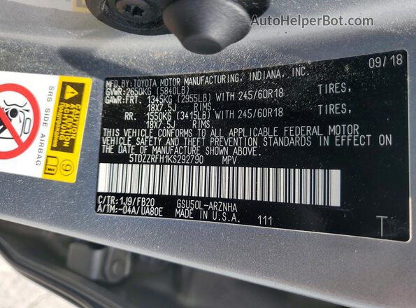 5TDZZRFH1KS292790 2019 TOYOTA HIGHLANDER Silver Vista interior de 360 grados