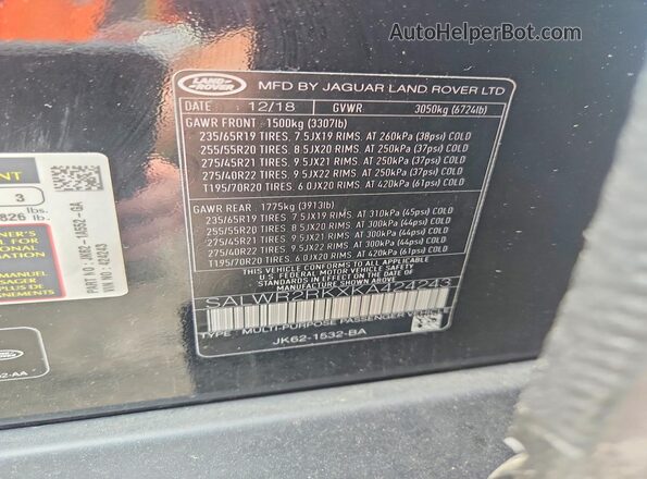 SALWR2RKXKA424243 2019 LAND ROVER RANGE ROVER Black 360 interior view