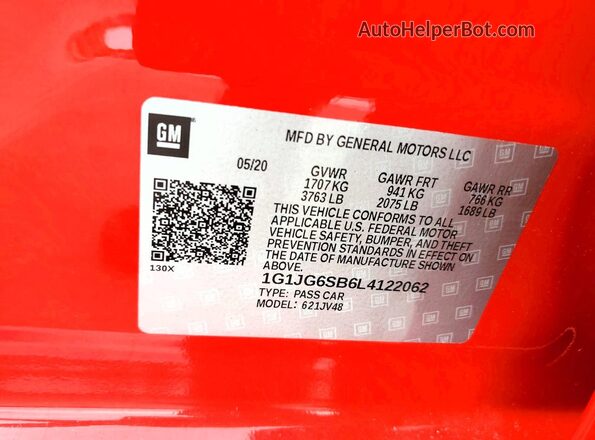 1G1JG6SB6L4122062 2020 CHEVROLET SONIC Red Widok naklejki z numerem VIN