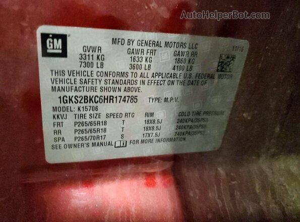 1GKS2BKC6HR174785 2017 GMC YUKON Red Vista interior de 360 grados