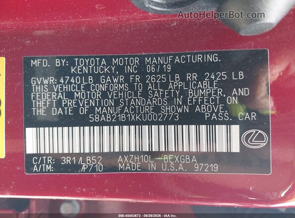58AB21B1XKU002773 2019 LEXUS ES 300H Red ძრავის განყოფილების ხედი