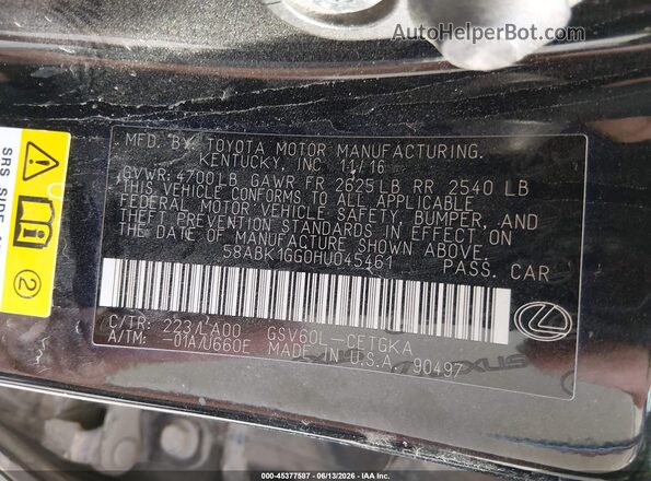58ABK1GG0HU045461 2017 LEXUS ES 350 Black Вид підкапотного простору