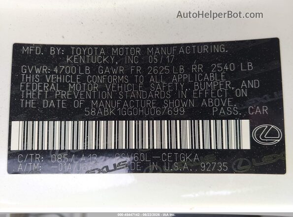 58ABK1GG0HU067699 2017 LEXUS ES 350 White Engine compartment view