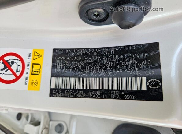 58ABK1GG1GU019997 2016 LEXUS ES White Engine compartment view