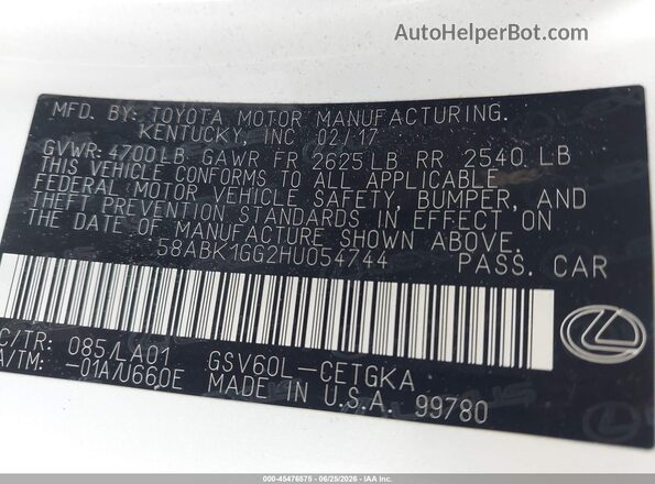 58ABK1GG2HU054744 2017 LEXUS ES 350 White Vista del compartimento del motor