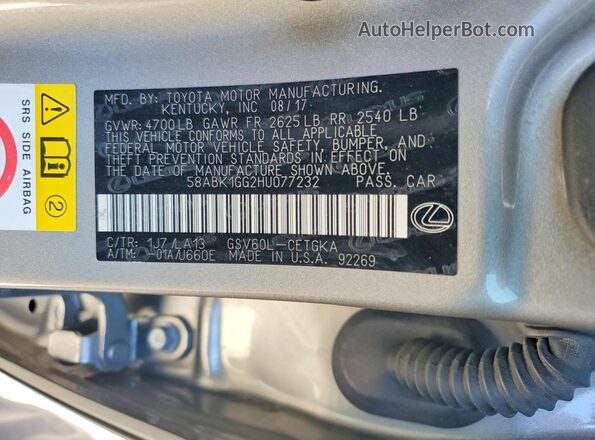 58ABK1GG2HU077232 2017 LEXUS ES Gray VIN კოდის სტიკერის ხედი