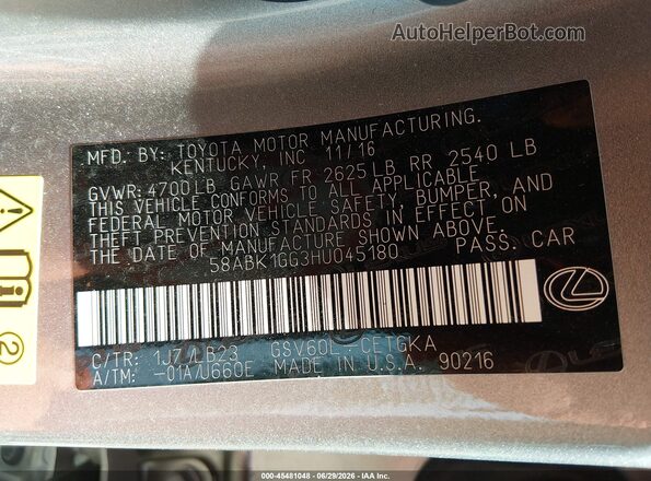 58ABK1GG3HU045180 2017 LEXUS ES 350 Gray Շարժիչի բաժամունքի տեսք