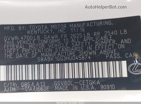 58ABK1GG3HU045874 2017 LEXUS ES 350 White Widok komory silnika