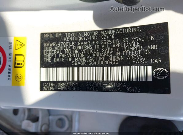 58ABK1GG4GU010436 2016 LEXUS ES 350 White Widok komory silnika