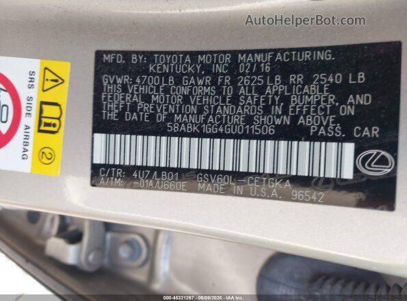 58ABK1GG4GU011506 2016 LEXUS ES 350 Beige Widok komory silnika
