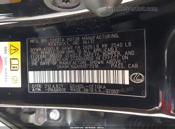 58ABK1GG4HU072016 2017 LEXUS ES 350 Black Engine compartment view