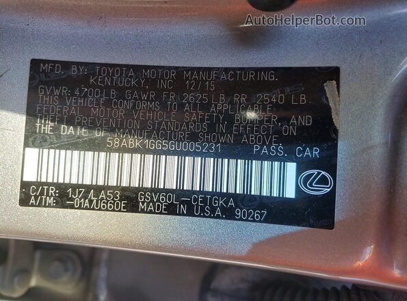 58ABK1GG5GU005231 2016 LEXUS ES Beige VIN sticker view