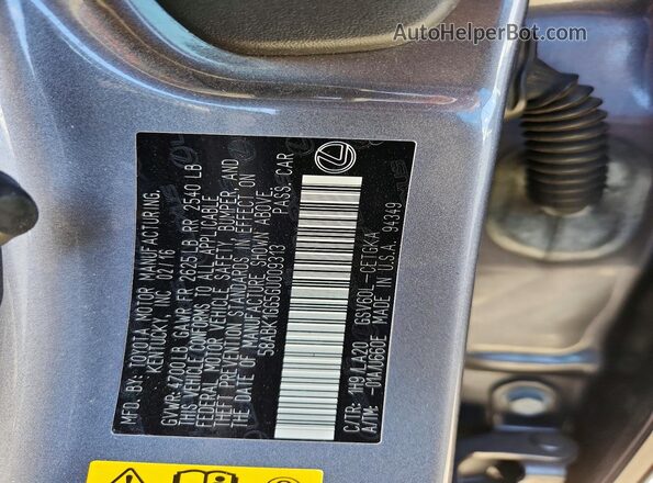 58ABK1GG5GU009313 2016 LEXUS ES Gray Вид наклейки з VIN-кодом
