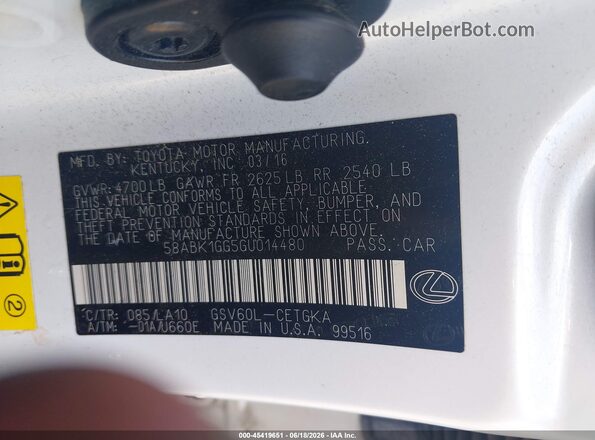 58ABK1GG5GU014480 2016 LEXUS ES 350 White Շարժիչի բաժամունքի տեսք