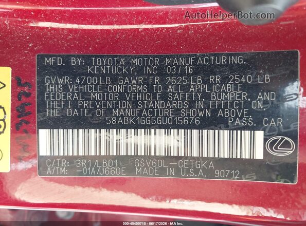 58ABK1GG5GU015676 2016 LEXUS ES 350 Red ძრავის განყოფილების ხედი