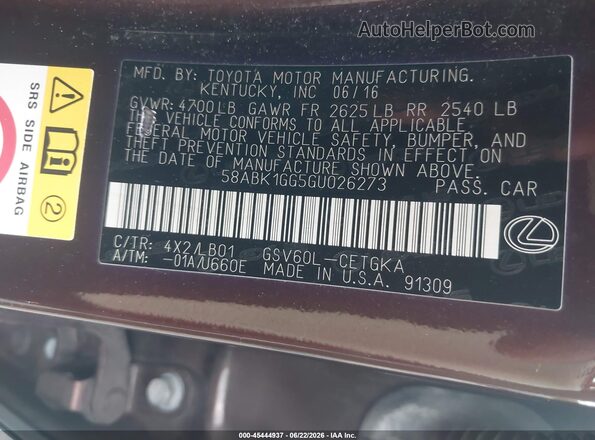 58ABK1GG5GU026273 2016 LEXUS ES 350 Brown Вид підкапотного простору