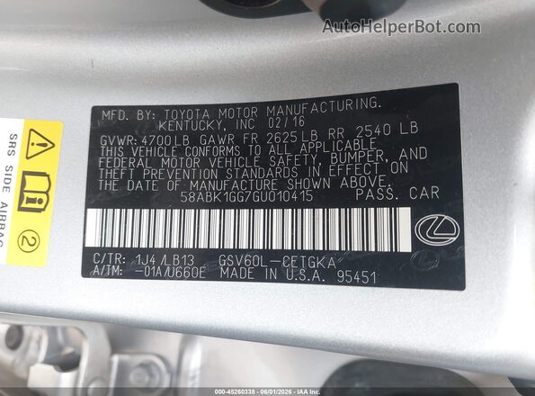 58ABK1GG7GU010415 2016 LEXUS ES 350 Silver Engine compartment view