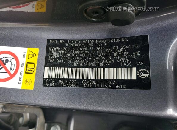 58ABK1GG7HU039074 2017 LEXUS ES Gray 
