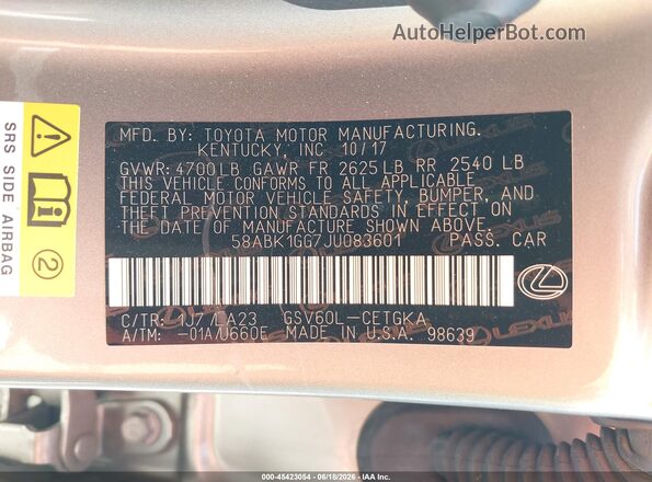 58ABK1GG7JU083601 2018 LEXUS ES 350 Gray Շարժիչի բաժամունքի տեսք