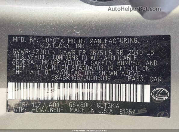 58ABK1GG7JU086319 2018 LEXUS ES 350 Silver Vista del compartimento del motor