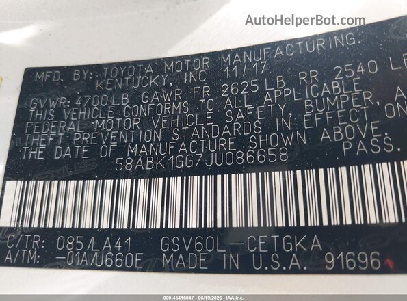 58ABK1GG7JU086658 2018 LEXUS ES 350 White Engine compartment view