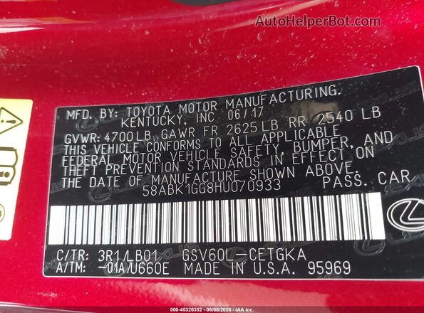 58ABK1GG8HU070933 2017 LEXUS ES 350 Burgundy Widok komory silnika