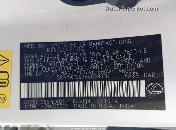 58ABK1GGXHU039618 2017 LEXUS ES 350 White Շարժիչի բաժամունքի տեսք