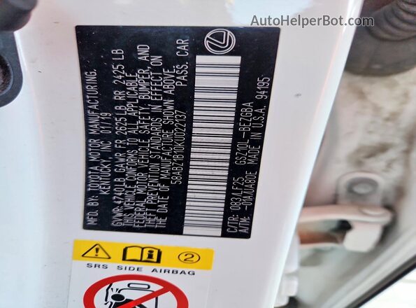 58ABZ1B10KU022137 2019 LEXUS ES White Widok naklejki z numerem VIN