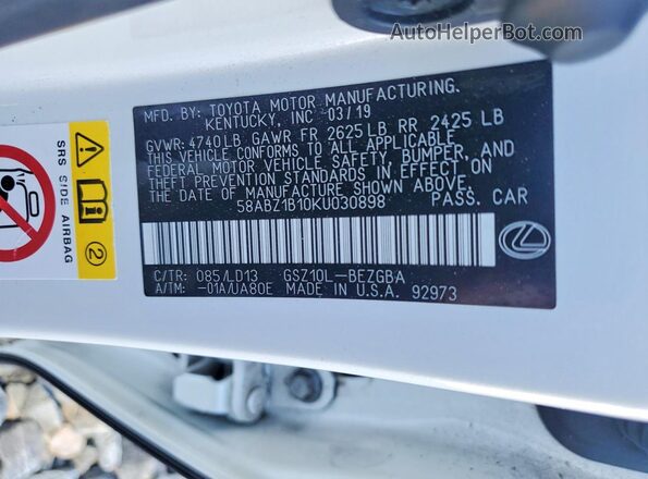 58ABZ1B10KU030898 2019 LEXUS ES White Շարժիչի բաժամունքի տեսք