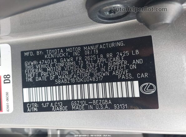 58ABZ1B10KU048317 2019 LEXUS ES 350 Gold Engine compartment view