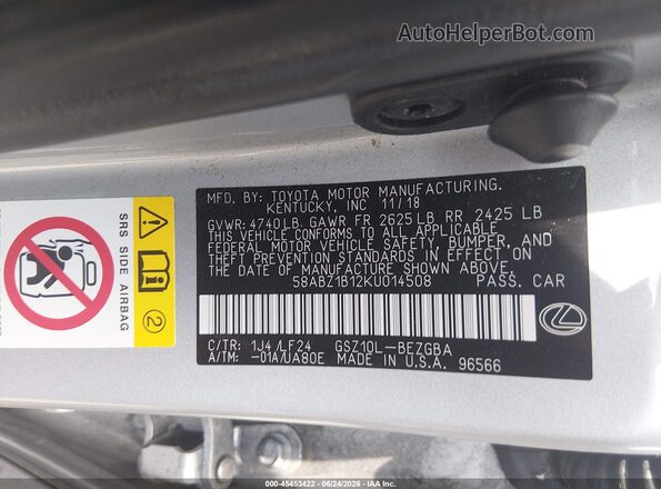 58ABZ1B12KU014508 2019 LEXUS ES 350 Gray Вид підкапотного простору
