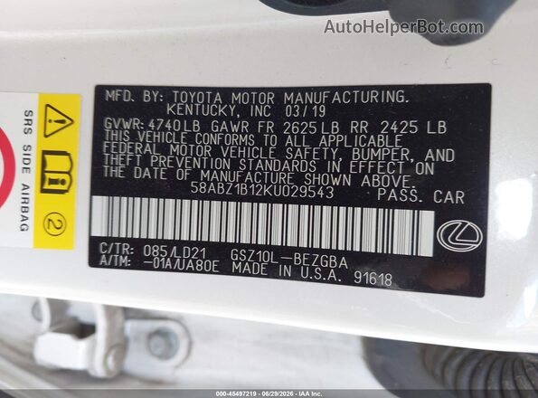 58ABZ1B12KU029543 2019 LEXUS ES 350 White Вид підкапотного простору