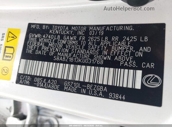 58ABZ1B13KU031768 2019 LEXUS ES 350 White Вид підкапотного простору