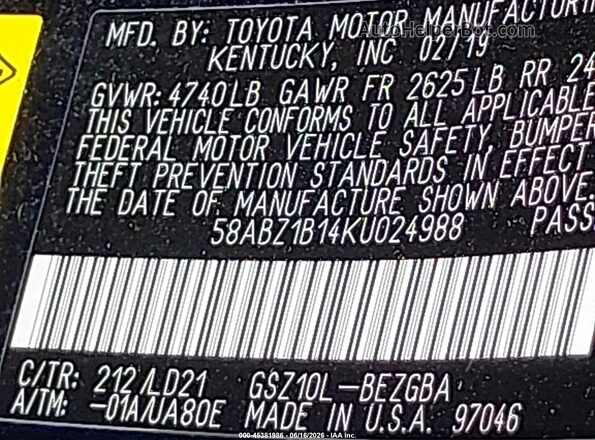 58ABZ1B14KU024988 2019 LEXUS ES 350 Black ძრავის განყოფილების ხედი