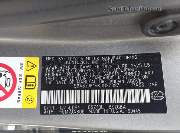 58ABZ1B14KU027387 2019 LEXUS ES 350 Серый Вид подкапотного пространства