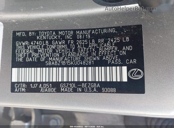 58ABZ1B15KU048281 2019 LEXUS ES 350 Silver Widok komory silnika
