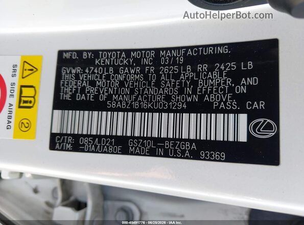 58ABZ1B16KU031294 2019 LEXUS ES 350 White Vista del compartimento del motor