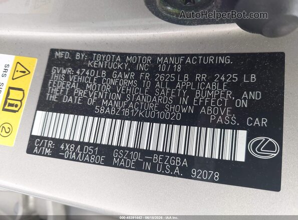 58ABZ1B17KU010020 2019 LEXUS ES 350 Tan ძრავის განყოფილების ხედი